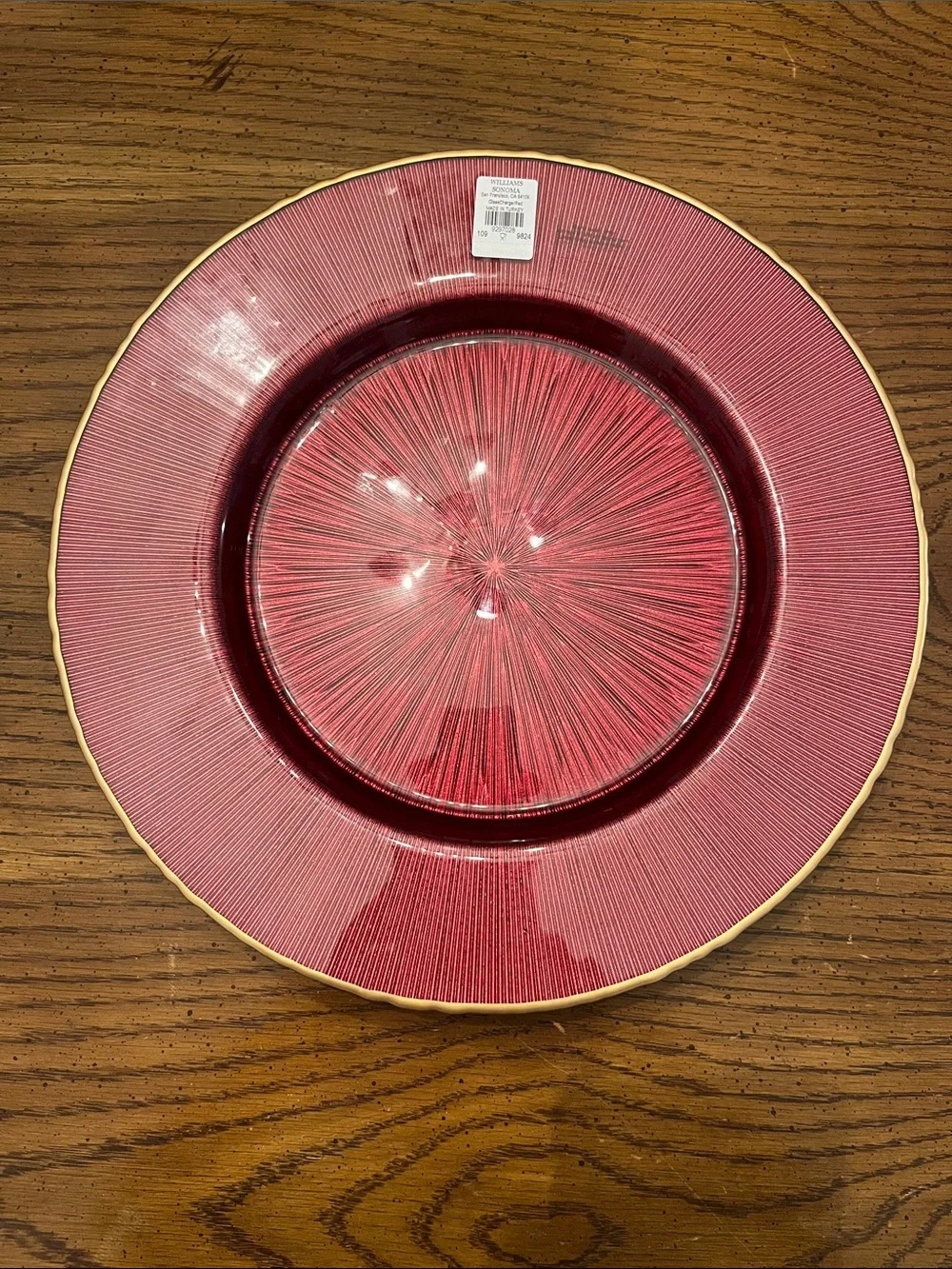 Williams Sonoma Red Charger Glass Plates with Gold Trim, new with tags
